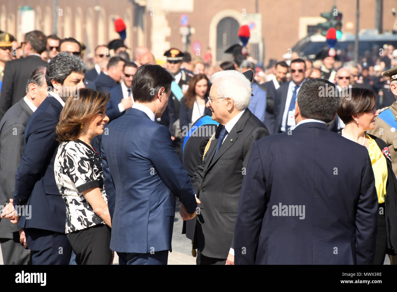 Rome, Italy. 2nd June 2018. Italian Republic Holiday Altar of the Fatherland Sergio Mattarella President of the Republic, Roberto Fico president of the chamber,Maria Elisabetta Alberti Casellati president senate of the republic and Giuseppe Conte Prime Minister Credit: Giuseppe Andidero/Alamy Live News Stock Photo