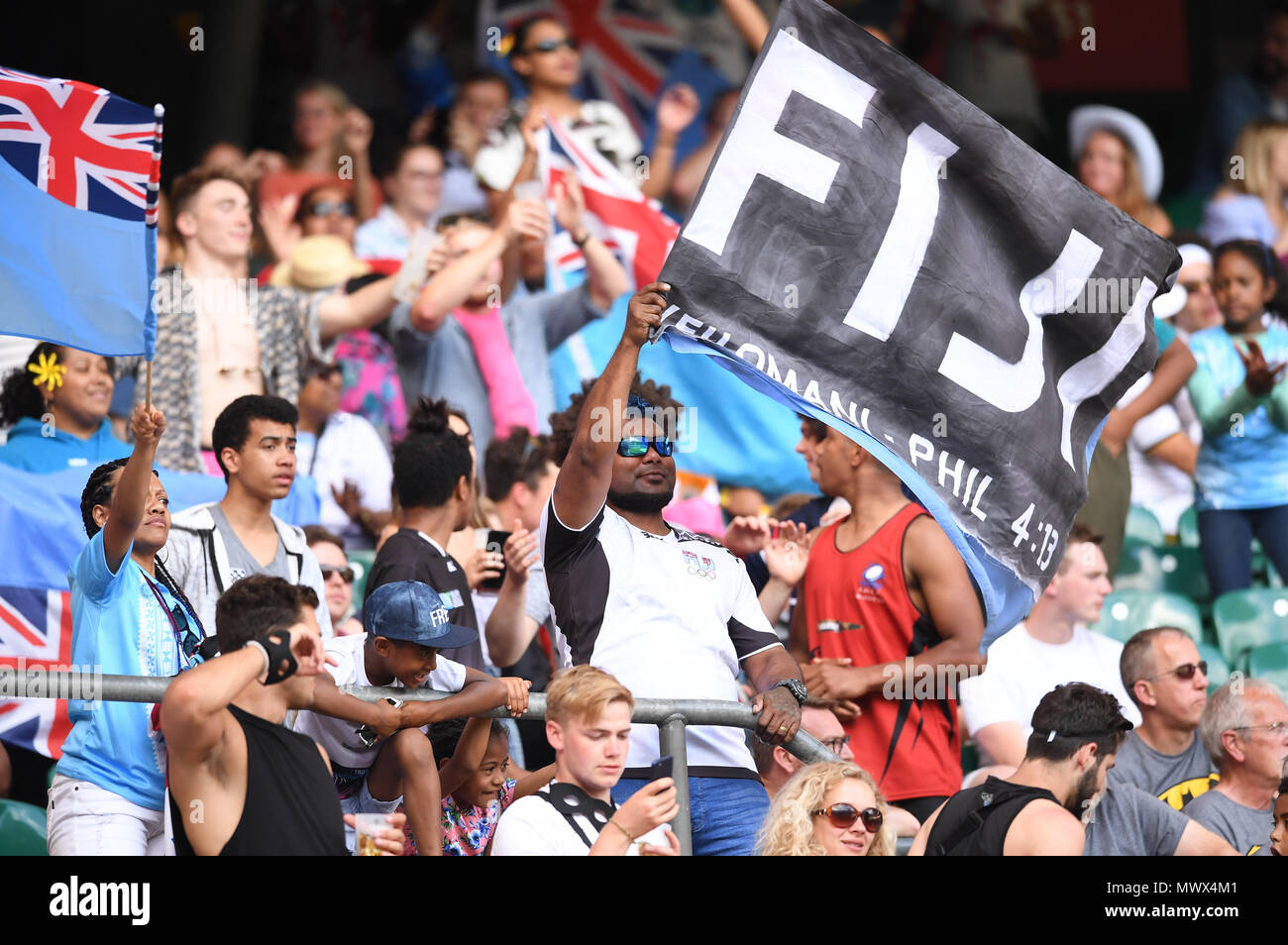 Twickenham Stadium, London, UK. 2nd June, 2018. HSBC World Rugby Sevens Series; Fiji fans anticipate their match with England Credit: Action Plus Sports/Alamy Live News Stock Photo