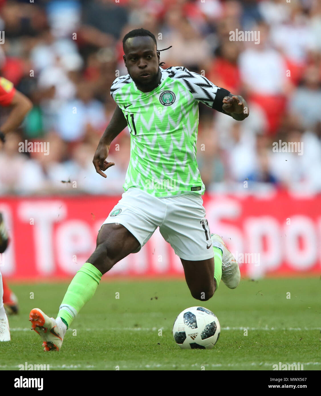 VICTOR MOSES NIGERIA ENGLAND V NIGERIA 02 June 2018 GBB7698 STRICTLY EDITORIAL USE ONLY. If The Player/Players Depicted In This Image Is/Are Playing For An English Club Or The England National Team. Then This Image May Only Be Used For Editorial Purposes. No Commercial Use. The Following Usages Are Also Restricted EVEN IF IN AN EDITORIAL CONTEXT: Use in conjuction with, or part of, any unauthorized audio, video, data, fixture lists, club/league logos, Betting, Games or any 'live' services. Also Restricted Are Usages In Publications Involving A Single Player Or One Club Or Stock Photo