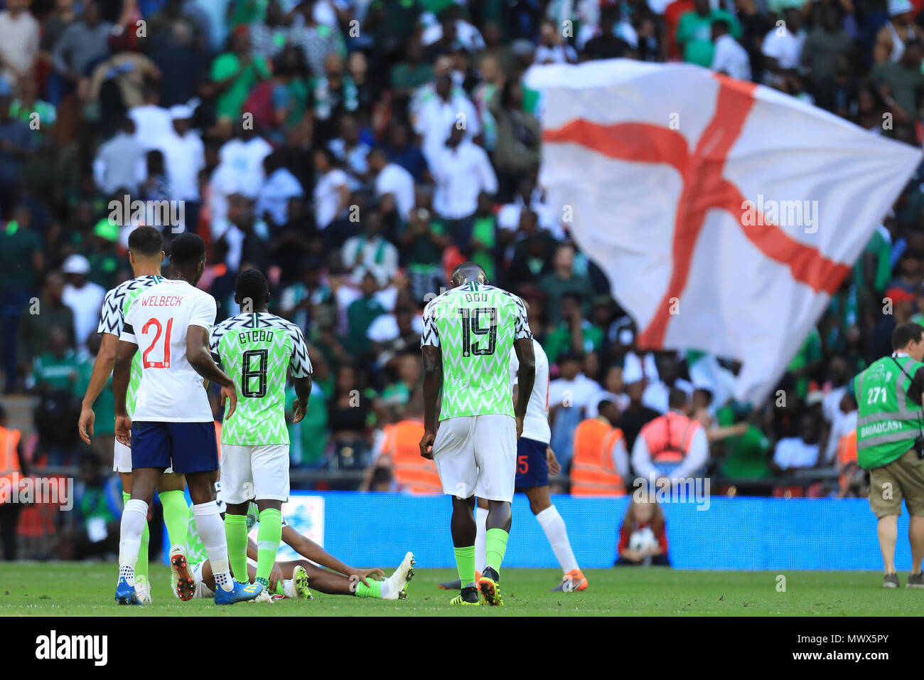 Wembley Stadium, London, UK. 2nd June, 2018. International football friendly, England versus Nigeria; A dejected John Ogu of Nigeria after their 2-1 loss Credit: Action Plus Sports/Alamy Live News Stock Photo