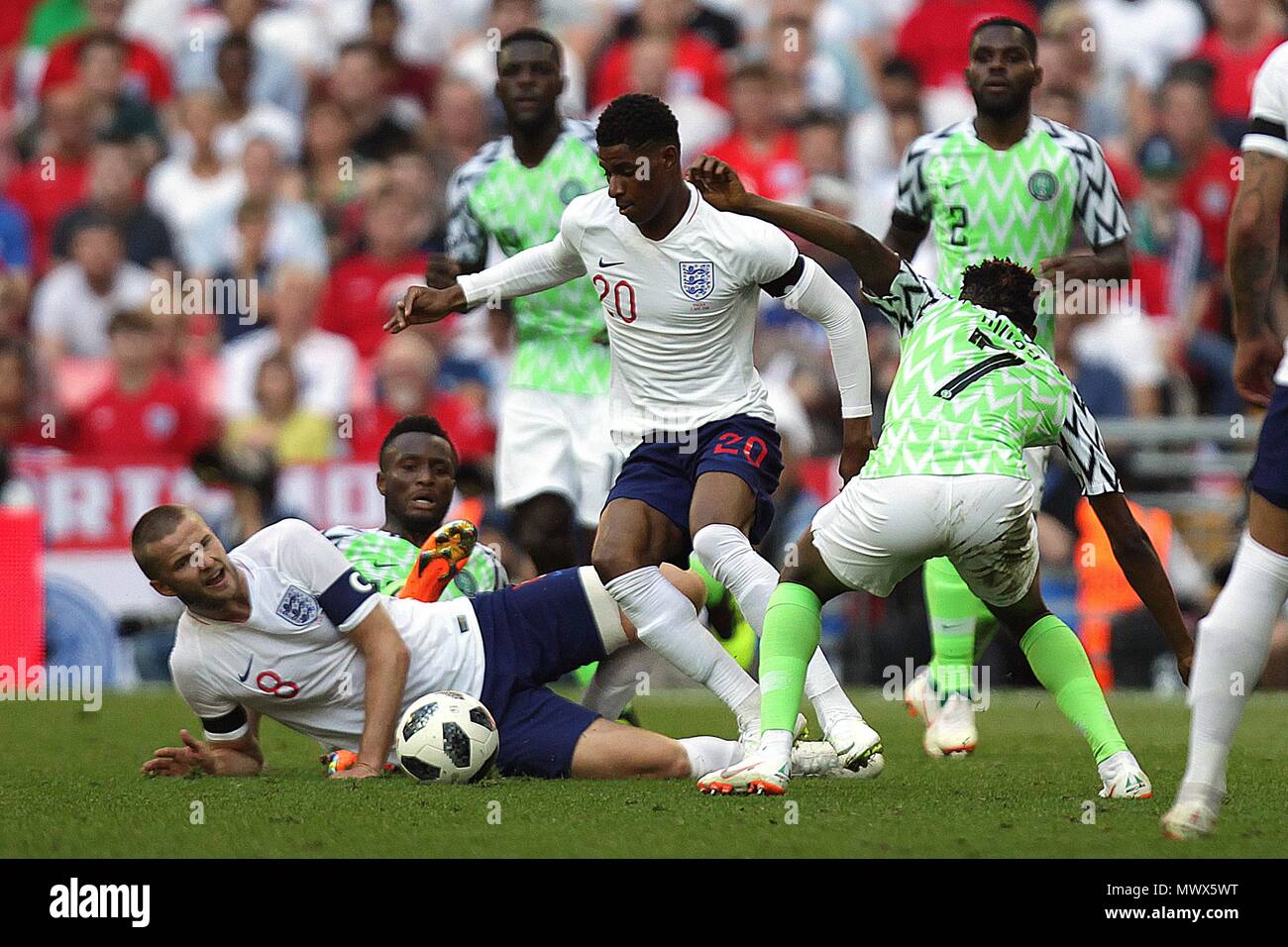 London, UK. 2nd June 2018. Marcus Rashford of Englandgoes past Ahmed Musa of Nigeria during the International Friendly match between England and Nigeria at Wembley Stadium on June 2nd 2018 in London, England. (Photo by Matt Bradshaw/phcimages.com) Credit: PHC Images/Alamy Live News Stock Photo