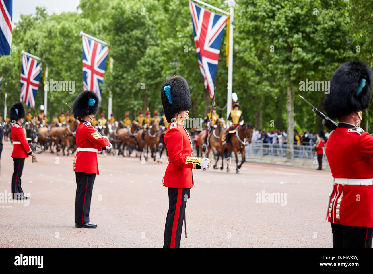 London, UK. 2nd June 2018. Image of members of the armed forces in ceremonial uniform on duty during the Colonel's Review. The Colonel's Review is the second rehearsal for the Trooping the Colour parade. Taken on The Mall, London. Credit: Kevin Frost/Alamy Live News Stock Photo