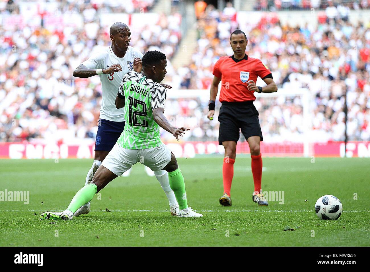 London, UK. 2nd June 2018. London, UK. 2nd June 2018. Ashley Young of England takes on Shehu Abdullahi of Nigeria during the International Friendly match between England and Nigeria at Wembley Stadium on June 2nd 2018 in London, England. (Photo by Matt Bradshaw/phcimages.com) Credit: PHC Images/Alamy Live News Stock Photo