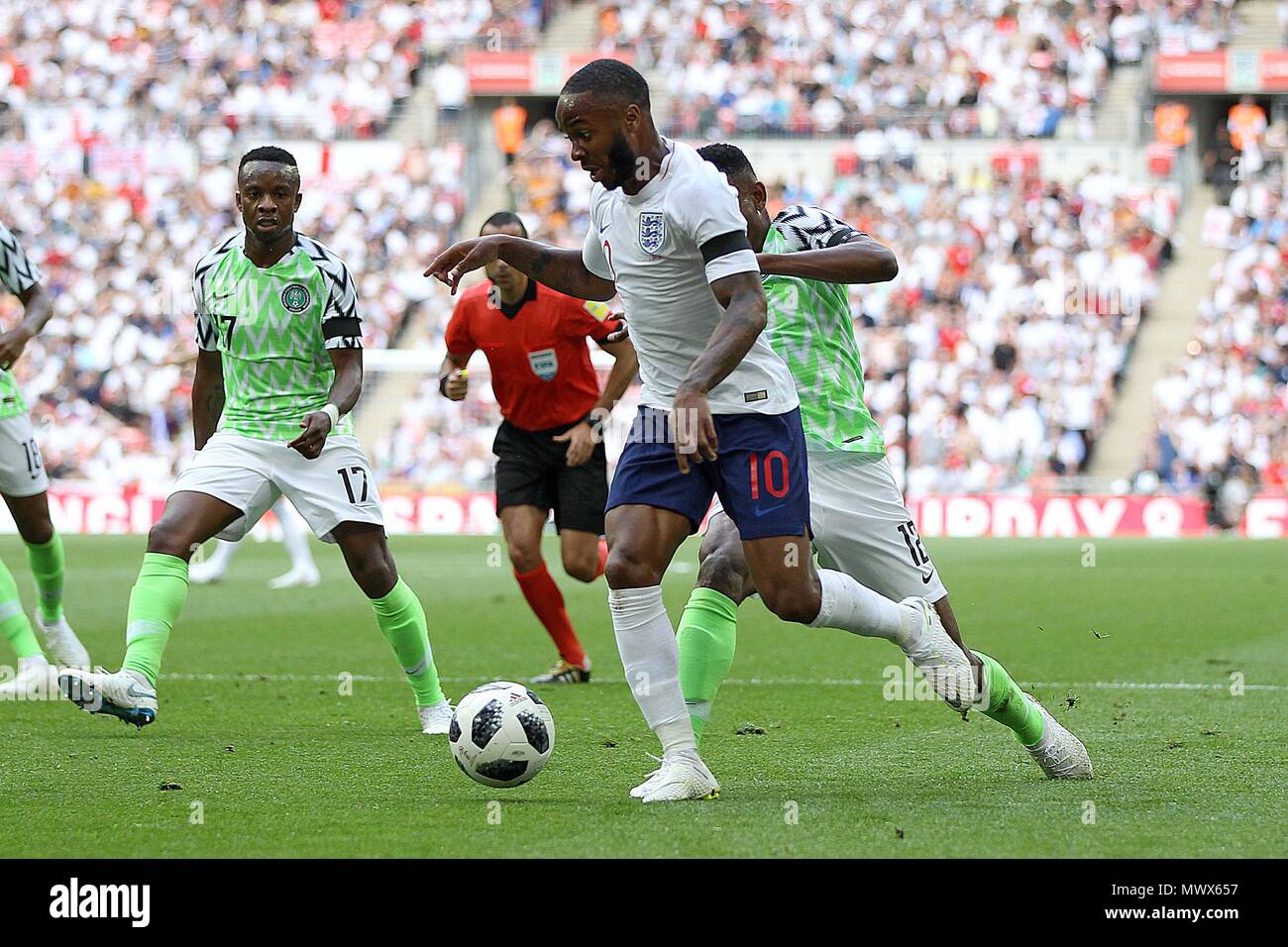 London, UK. 2nd June 2018. London, UK. 2nd June 2018. Raheem Sterling of England goes past Shehu Abdullahi of Nigeria during the International Friendly match between England and Nigeria at Wembley Stadium on June 2nd 2018 in London, England. (Photo by Matt Bradshaw/phcimages.com) Credit: PHC Images/Alamy Live News Stock Photo