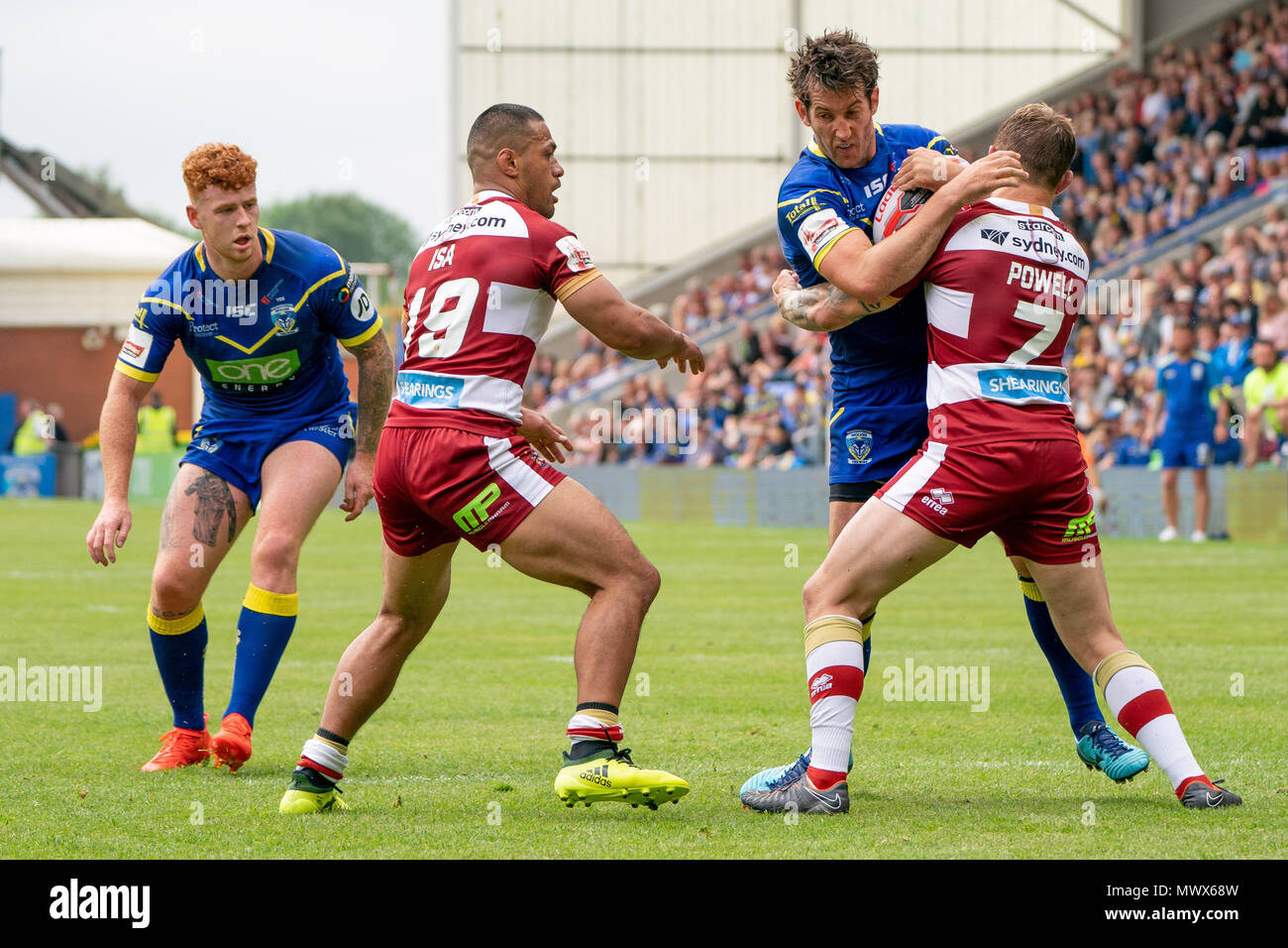 Warrington, UK. 2nd June 2018. Warrington Wolves's Stefan Ratchford is ...