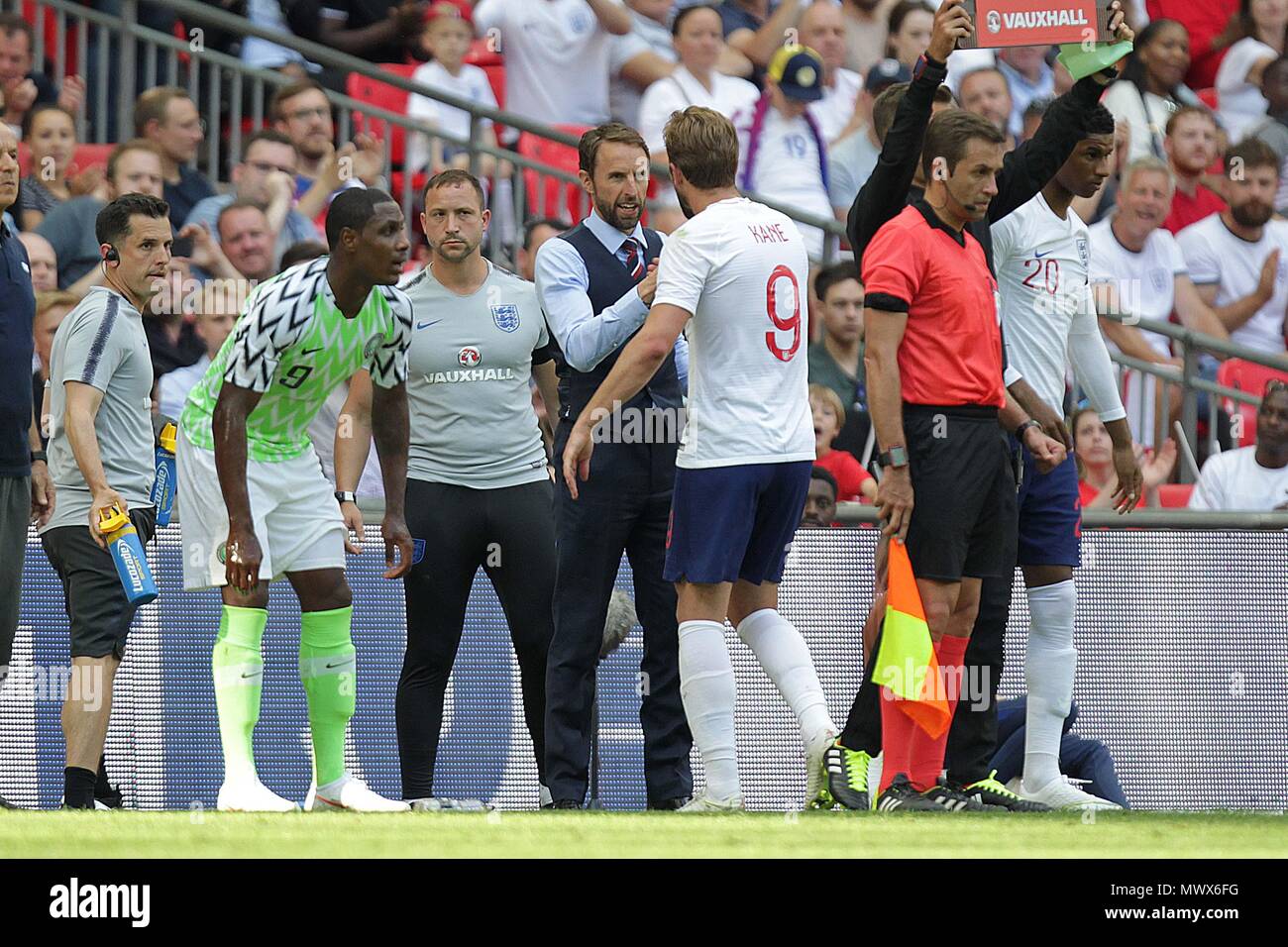 London, UK. 2nd June 2018. Harry Kane of England with Manager Gareth Southgate after being substituted during the International Friendly match between England and Nigeria at Wembley Stadium on June 2nd 2018 in London, England. (Photo by Matt Bradshaw/phcimages.com) Credit: PHC Images/Alamy Live News Stock Photo