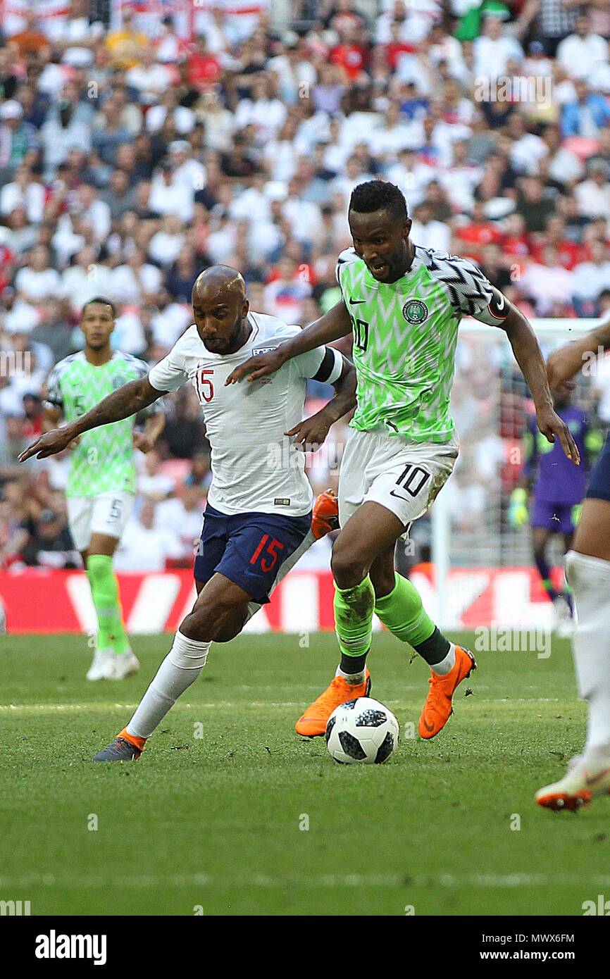 London, UK. 2nd June 2018. John Obi Mikel of Nigeria is challenged by Fabian Delph of England during the International Friendly match between England and Nigeria at Wembley Stadium on June 2nd 2018 in London, England. (Photo by Matt Bradshaw/phcimages.com) Credit: PHC Images/Alamy Live News Stock Photo