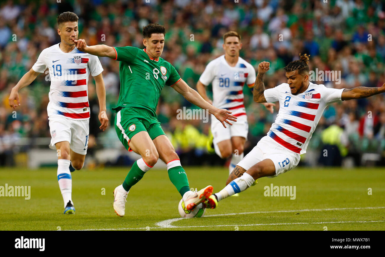 2nd June 2018, Aviva Stadium, Dublin, International Football Friendly, Ireland versus USA; DeAndre Yedlin of USA tackled and fouls Callum O'Dowda of Ireland Stock Photo