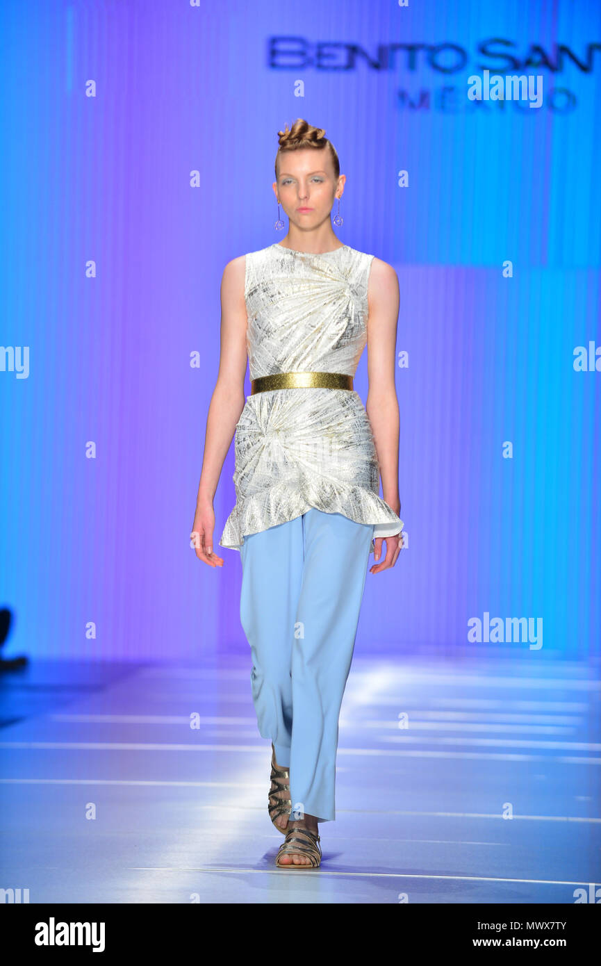 Miami, FL, USA. 01st June, 2018. A model walks the runway at the Benito Santos Mexico fashion show during The Miami Fashion Week (MIAFW'18) at Ice Palace Film Studios on June 01, 2018 in Miami, Florida. Credit: Mpi10/Media Punch/Alamy Live News Stock Photo