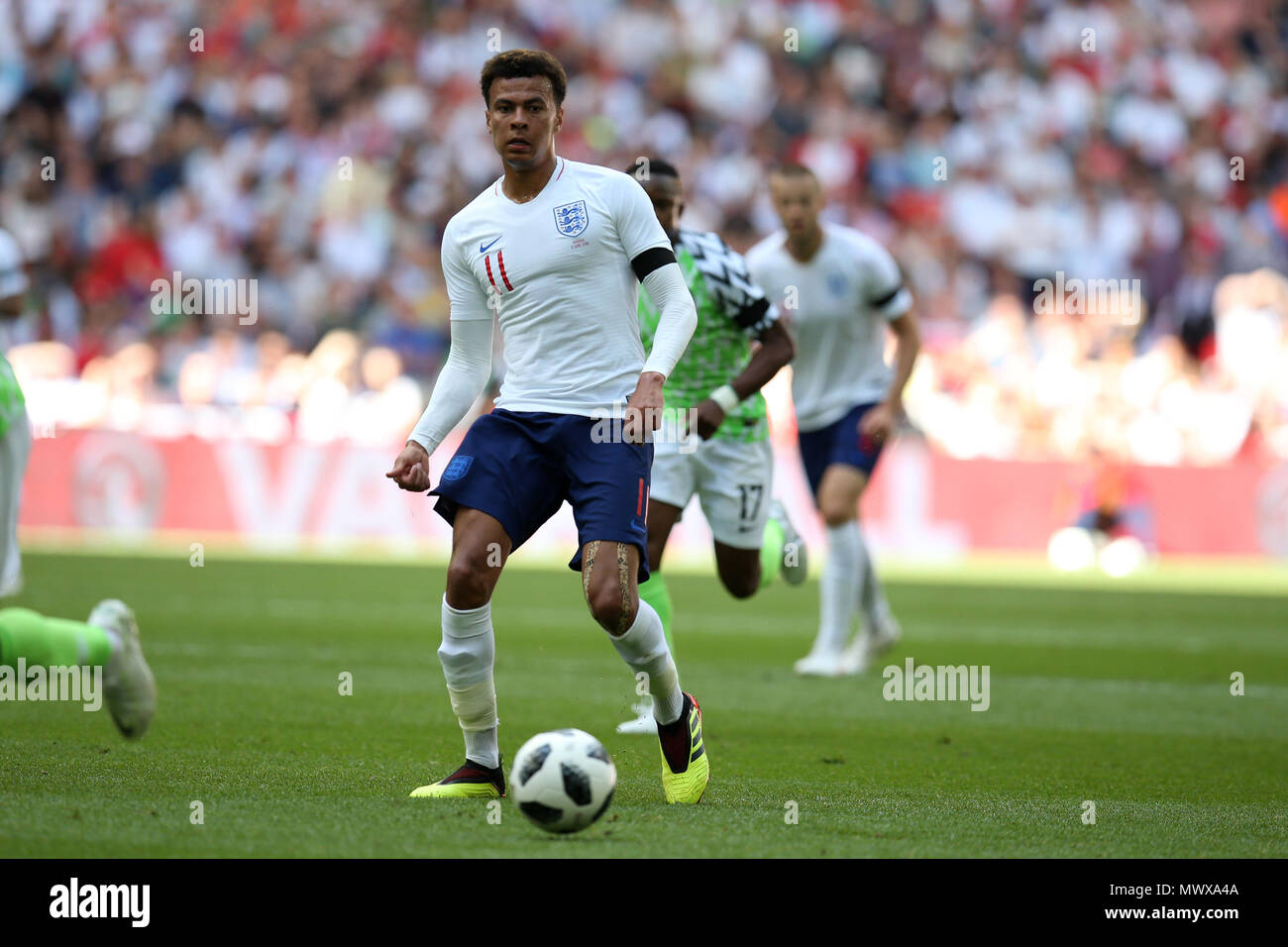 Wembley Stadium, London, UK. 2nd Jun, 2018. Dele Alli of England in action.Football International friendly, England v Nigeria at Wembley Stadium in London on Saturday 2nd June 2018.  this image may only be used for Editorial purposes. Editorial use only, license required for commercial use. No use in betting, games or a single club/league/player publications. pic by Andrew Orchard//Andrew Orchard sports photography/Alamy Live news Stock Photo