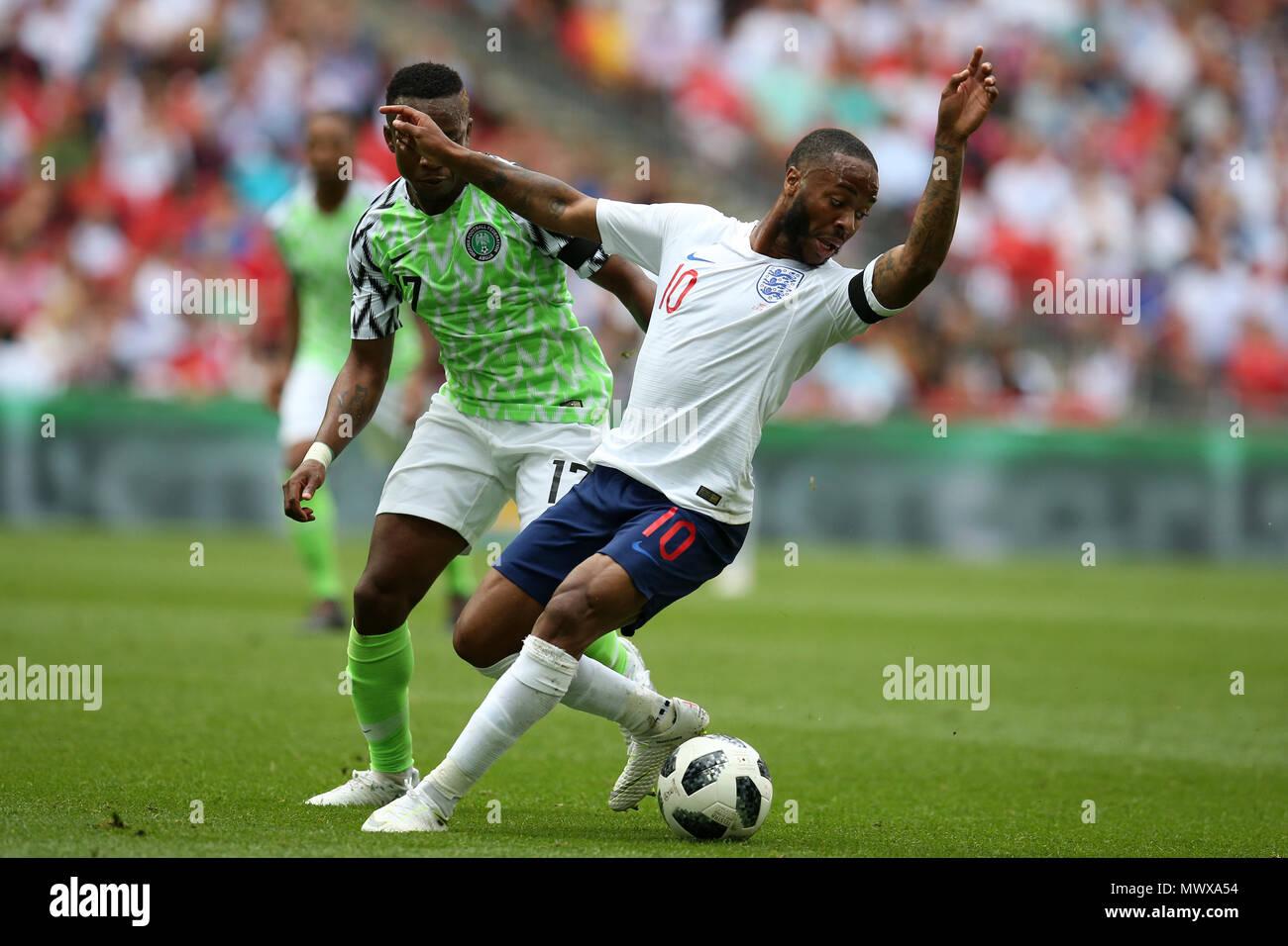 Wembley Stadium, London, UK. 2nd Jun, 2018. Raheem Sterling of England in action. Football International friendly, England v Nigeria at Wembley Stadium in London on Saturday 2nd June 2018.  this image may only be used for Editorial purposes. Editorial use only, license required for commercial use. No use in betting, games or a single club/league/player publications. pic by Andrew Orchard//Andrew Orchard sports photography/Alamy Live news Stock Photo