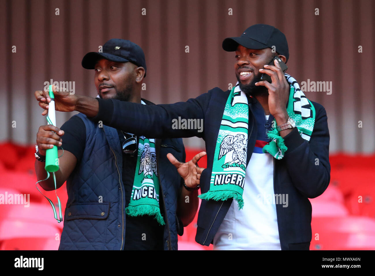 Wembley Stadium, London, UK. 2nd Jun, 2018. Nigeria fans . Football International friendly, England v Nigeria at Wembley Stadium in London on Saturday 2nd June 2018.  this image may only be used for Editorial purposes. Editorial use only, license required for commercial use. No use in betting, games or a single club/league/player publications. pic by Andrew Orchard//Andrew Orchard sports photography/Alamy Live news Stock Photo