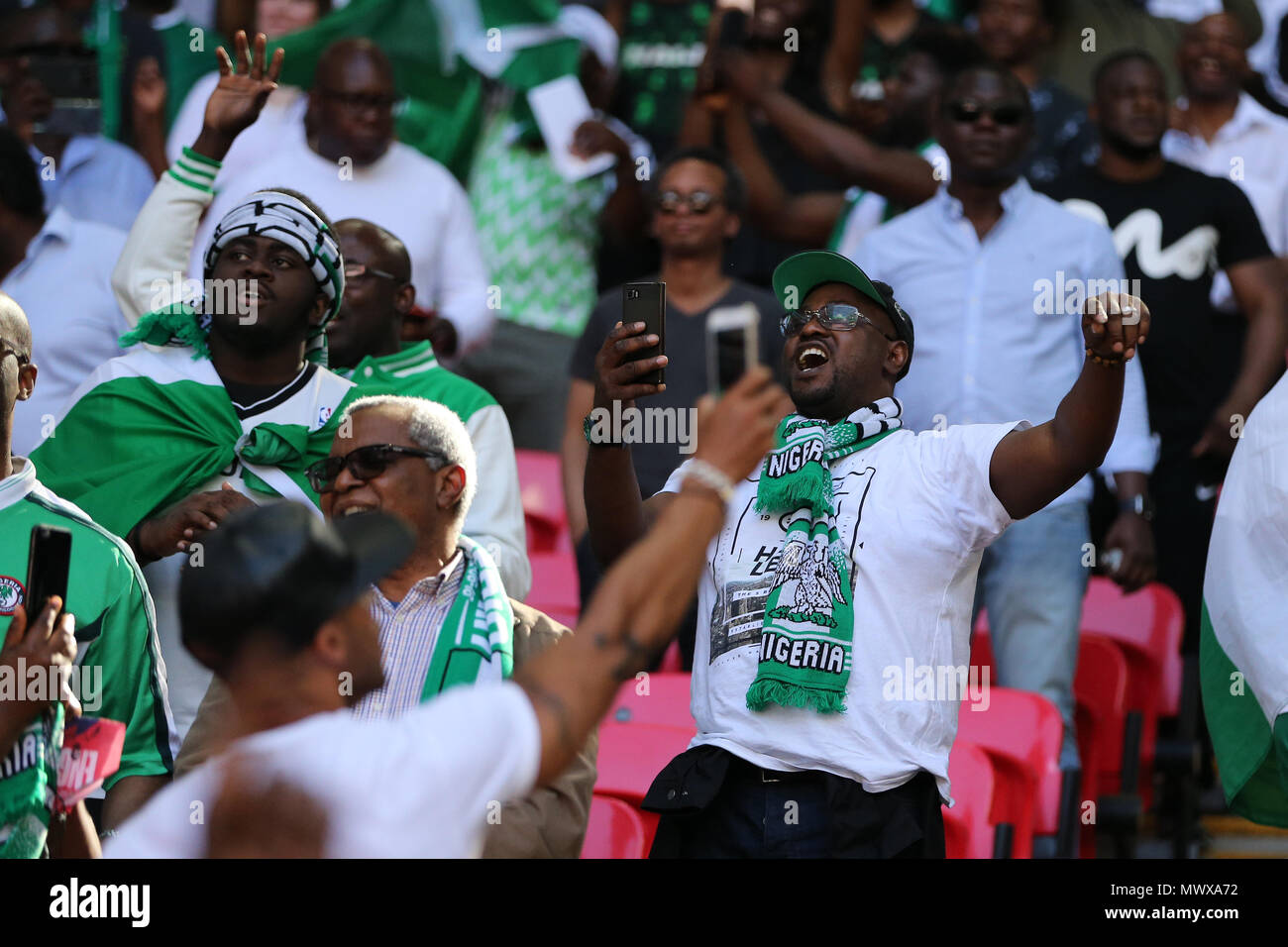 Wembley Stadium, London, UK. 2nd Jun, 2018. Nigeria fans . Football International friendly, England v Nigeria at Wembley Stadium in London on Saturday 2nd June 2018.  this image may only be used for Editorial purposes. Editorial use only, license required for commercial use. No use in betting, games or a single club/league/player publications. pic by Andrew Orchard//Andrew Orchard sports photography/Alamy Live news Stock Photo
