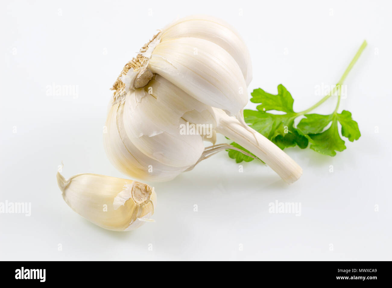 Garlic with leaves of parsley isolated on white background, Garlic and ...