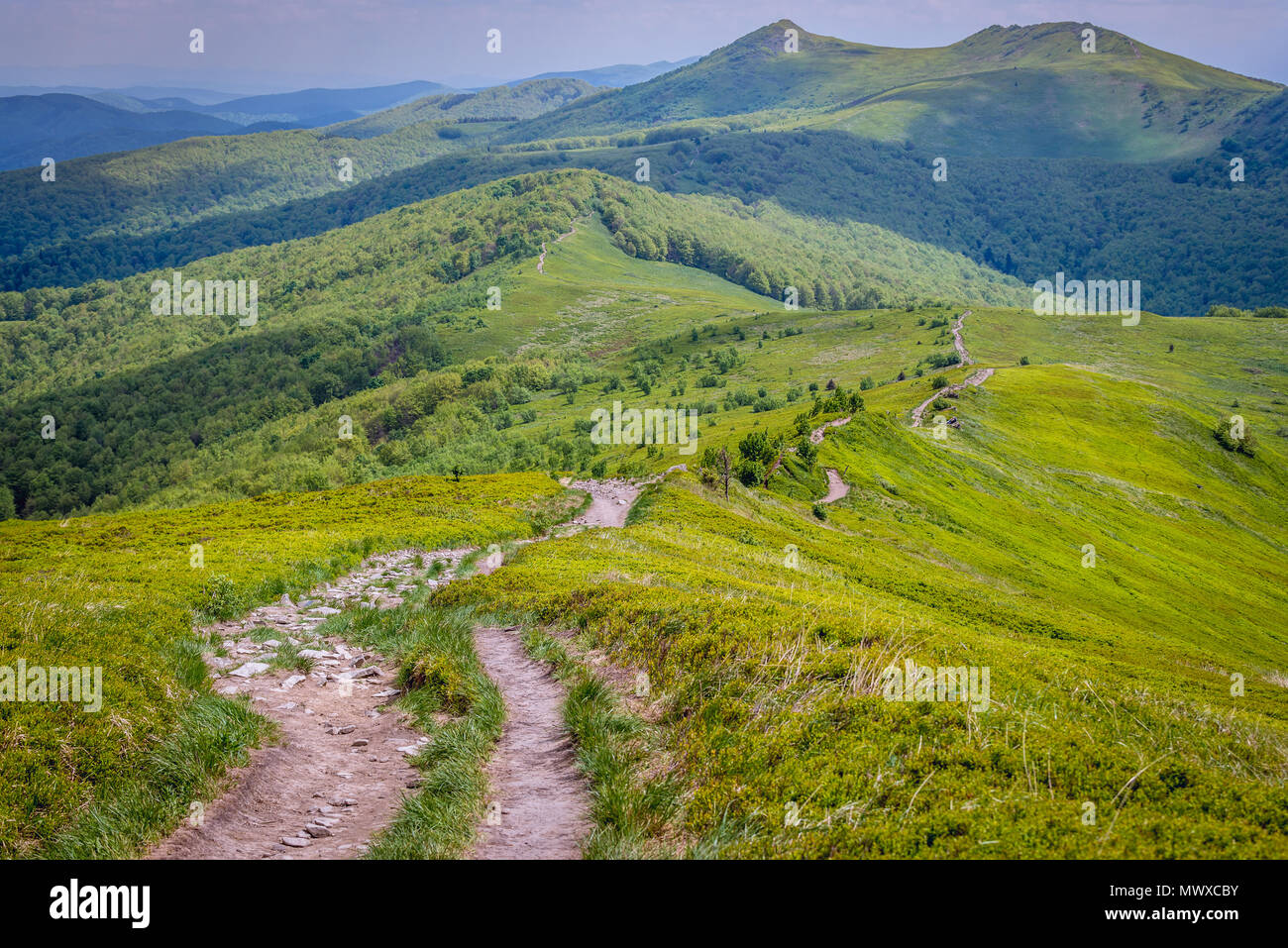 Wetlina High Mountain Pasture in Western Bieszczady Mountains in Poland, aerial view with Roh and Osadzki Wierch Mounts Stock Photo