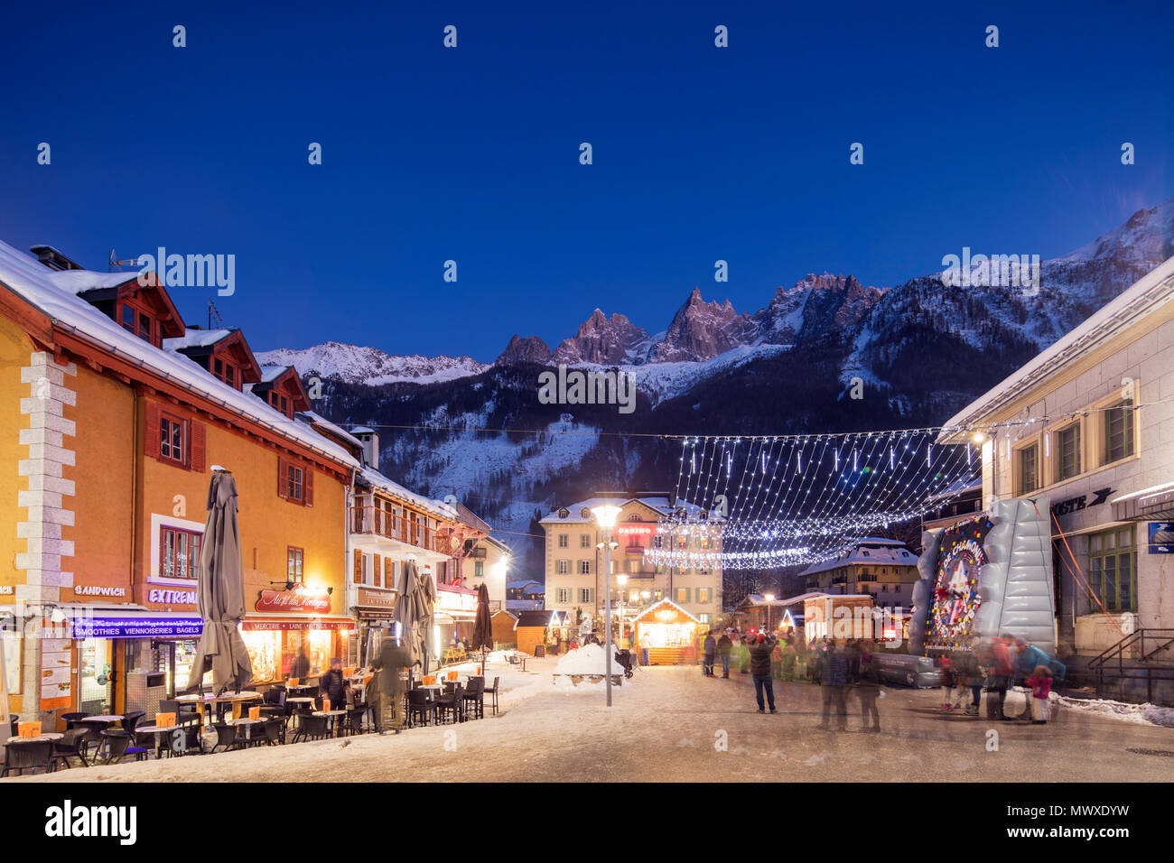 Christmas market decorations against backdrop of Mont Blanc mountain