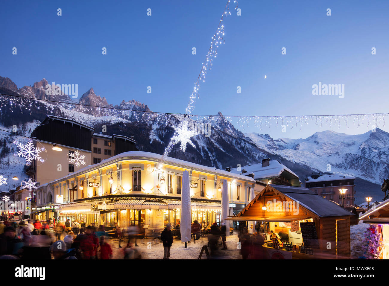 Christmas market decorations against backdrop of Mont Blanc mountain