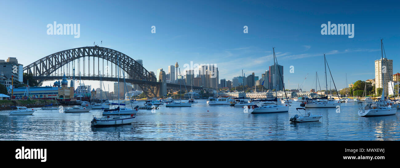 Sydney Harbour Bridge and skyline from Lavender Bay, Sydney, New South Wales, Australia, Pacific Stock Photo