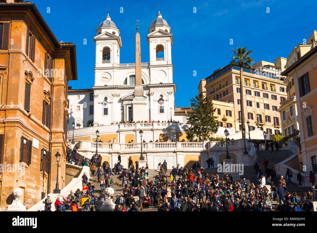 Piazza di Spagna with crowed Spanish Steps and church of Santissima Trinita dei Monti to the rear, Rome, Lazio, Italy, Europe Stock Photo