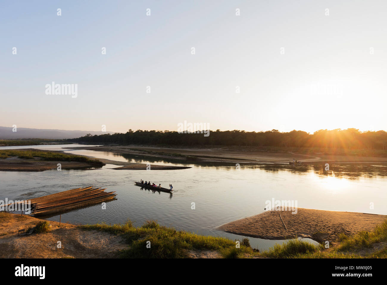 Tour boat on a river trip, Chitwan National Park, UNESCO World Heritage Site, Nepal, Asia Stock Photo