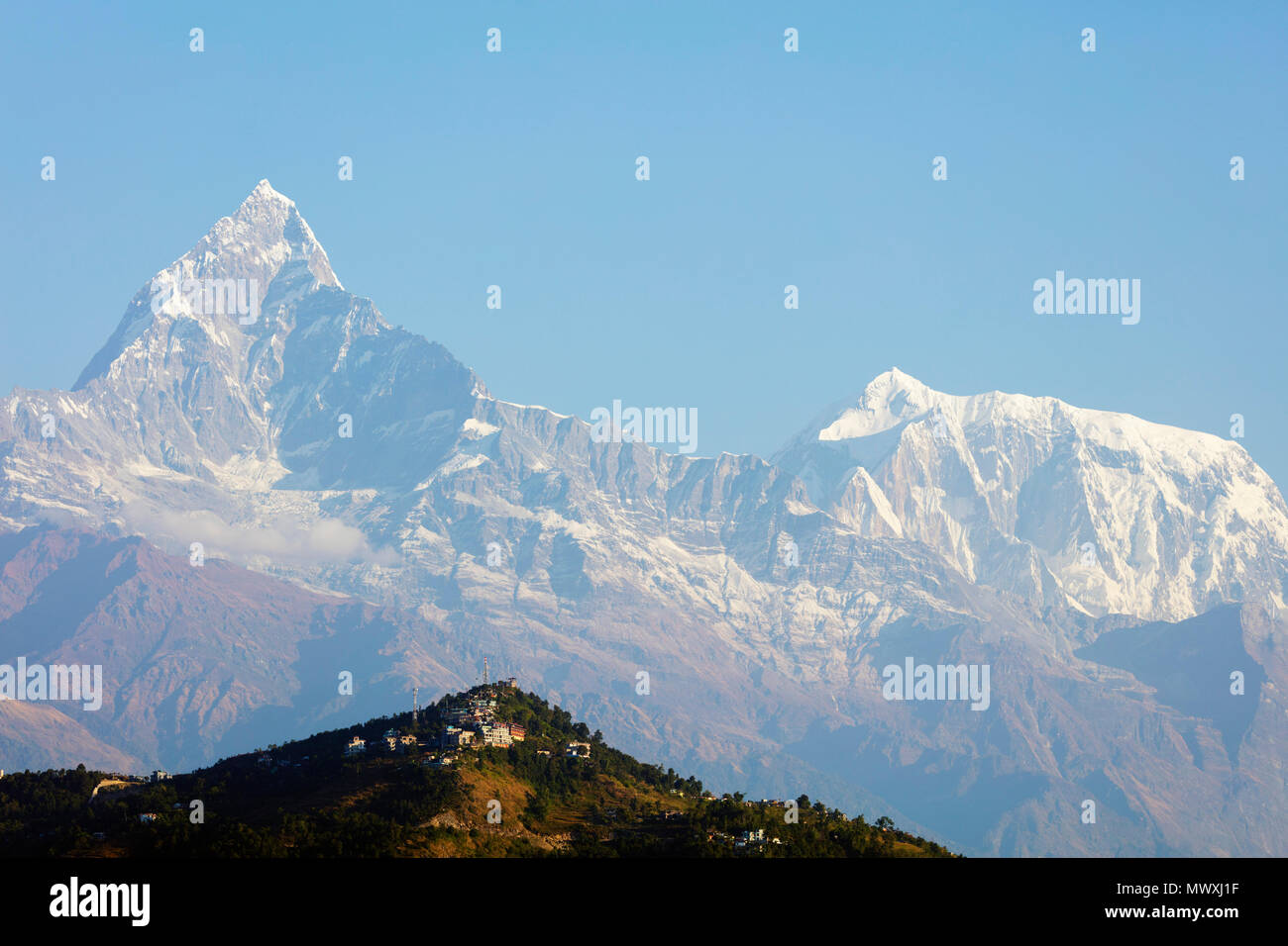 Machapuchare (Fishtail mountain) 6993m and Sarangkot lookout point, Pokhara, Nepal, Himalayas, Asia Stock Photo