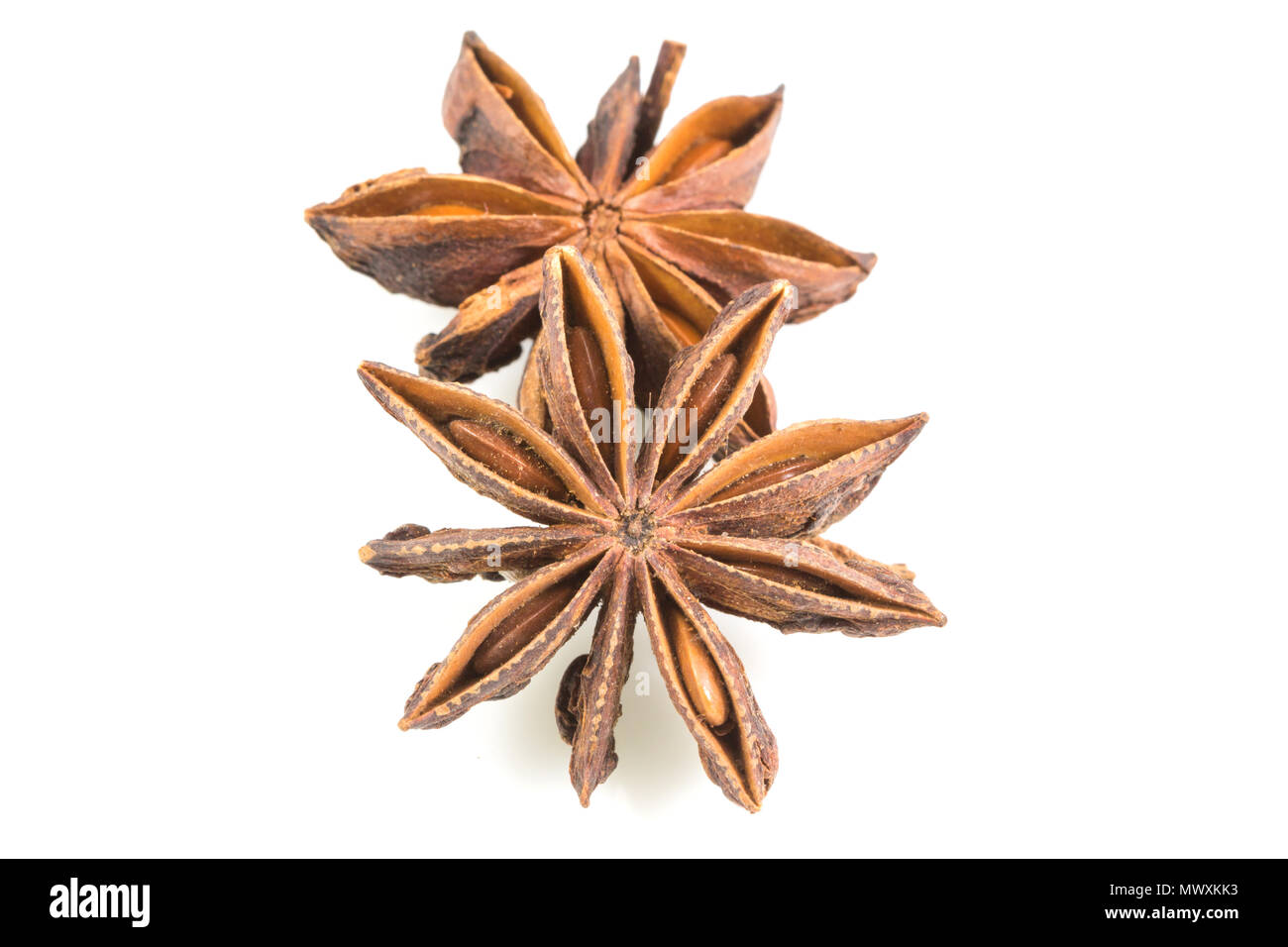 anise and seeds isolated on white background, Star anise spice fruits and seeds isolated on white background close up with clipping path. Stock Photo