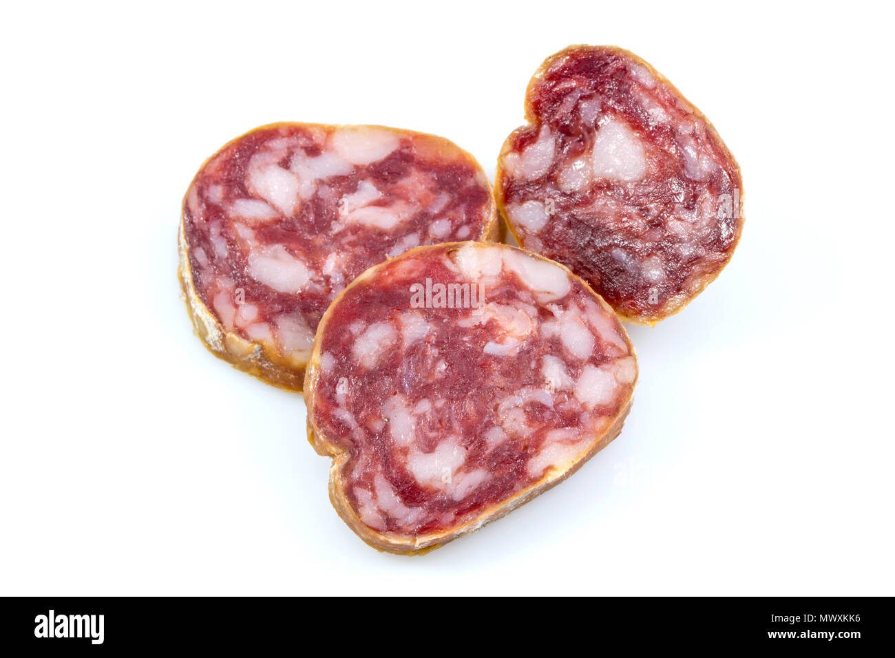 Top view macro detail of smoked salami slices, pepperoni slice, Italian prosciutto crudo ,raw