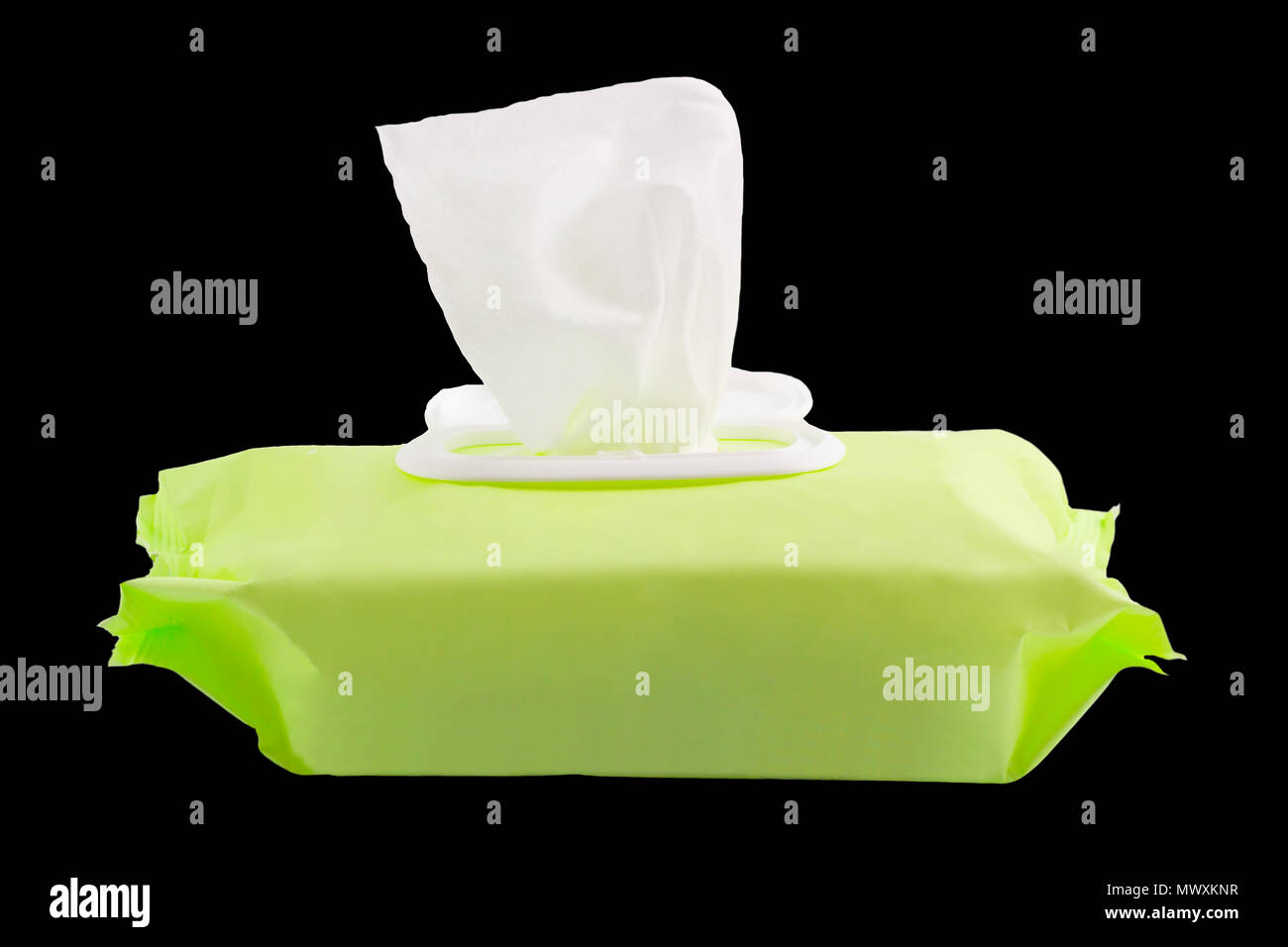 Wet wipes in package box on black background, with clipping path. Stock Photo