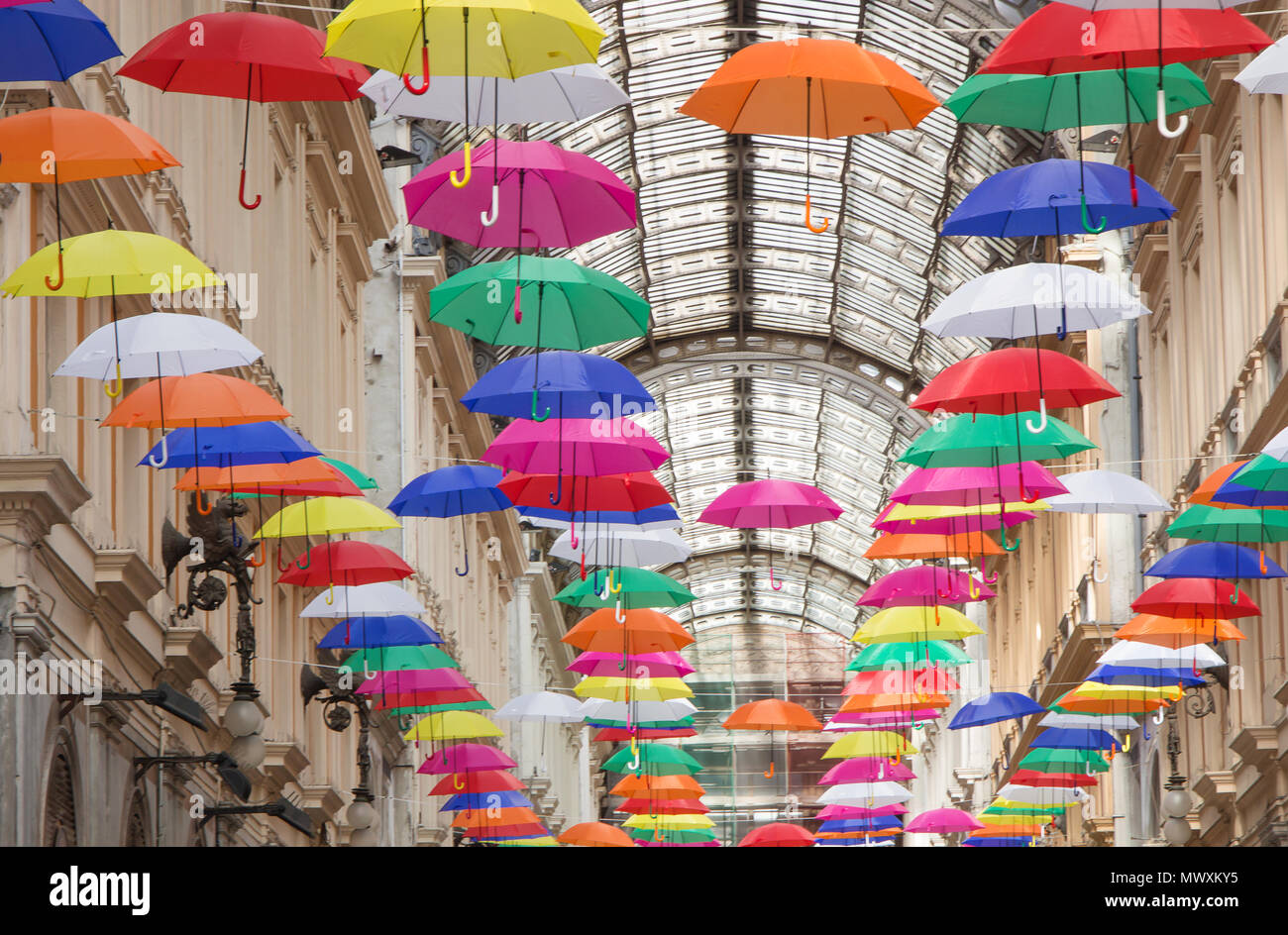 Genova (genoa) ITALY APRIL 16,2018 Colorful and beautiful umbrellas hanging in the city street decoration in genova (genoa) italy. Stock Photo
