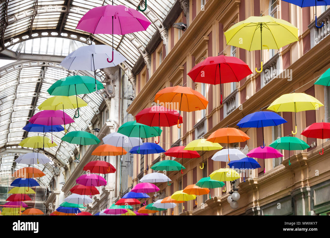 Colorful and beautiful umbrellas hanging in the city street decoration