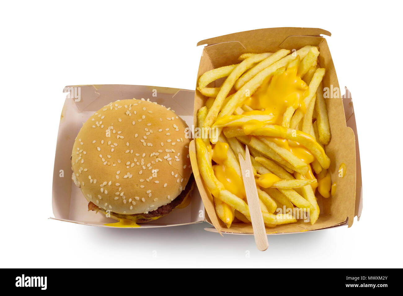 Tasty burger and french fries with yellow cheese, fast food and unhealthy eating concept, fast food snacks isolated in white background top view with  Stock Photo