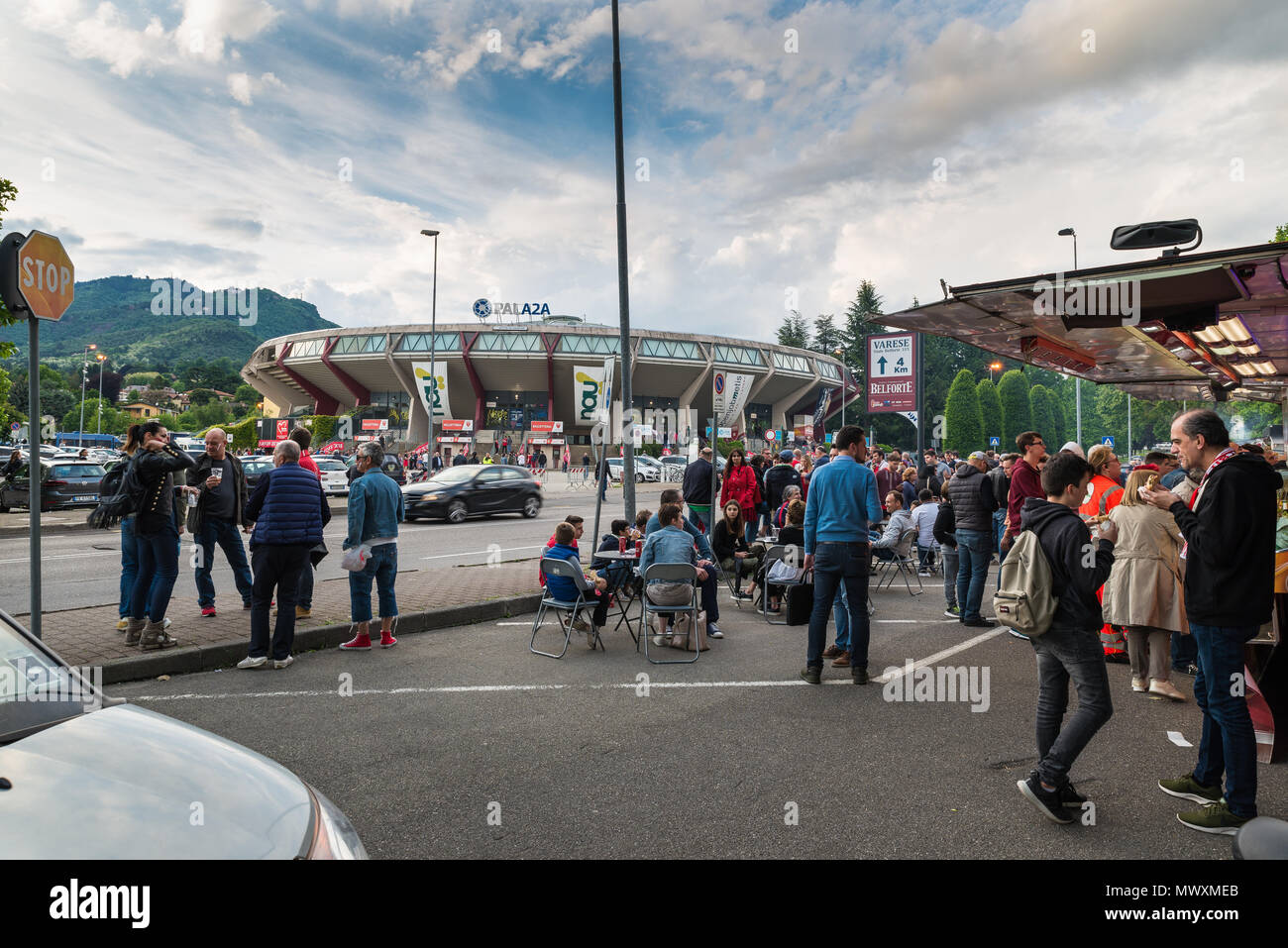 Varese, Italy - May 16, 2018: Area in front of the sports hall, Pala2a, before a match, fans and street vendors. Palace of Varese Basketball Stock Photo