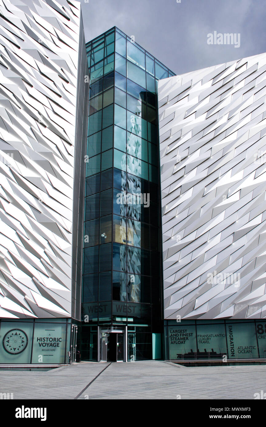 Front view of Titanic Belfast, a museum in Belfast, Northern Ireland, recently named the World's Leading Tourist Attraction Stock Photo