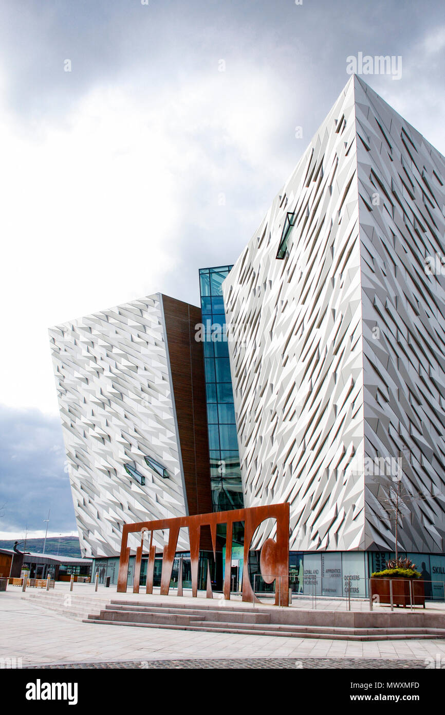 Front view of Titanic Belfast, a museum in Belfast, Northern Ireland, recently named the World's Leading Tourist Attraction Stock Photo