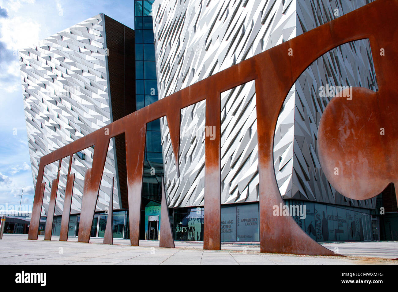 Front view of Titanic Belfast, a museum in Belfast, Northern Ireland, recently named the World's Leading Tourist Attraction Stock Photo