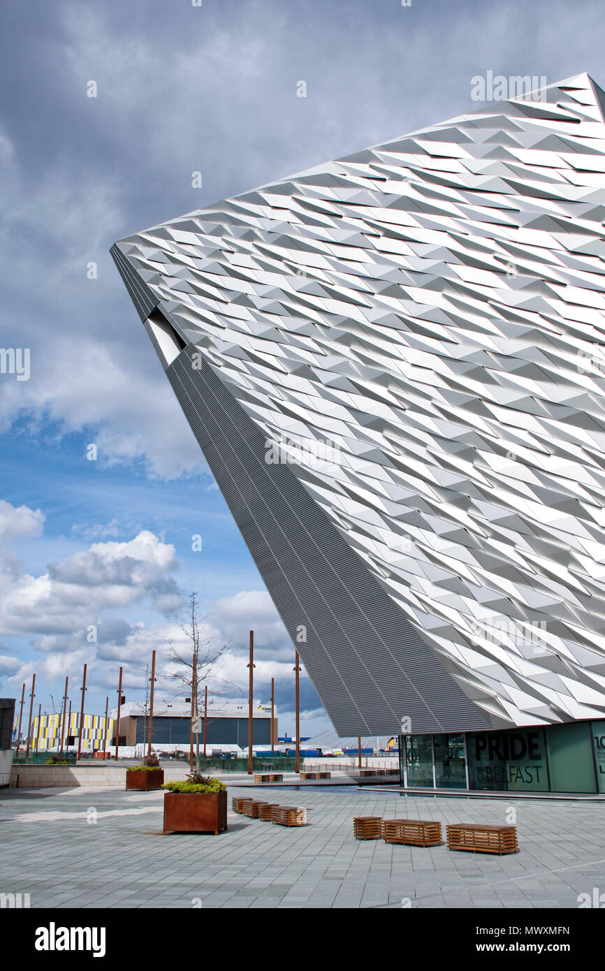 Abstract view of Titanic Belfast, a museum in Belfast, Northern Ireland, recently named the World's Leading Tourist Attraction Stock Photo