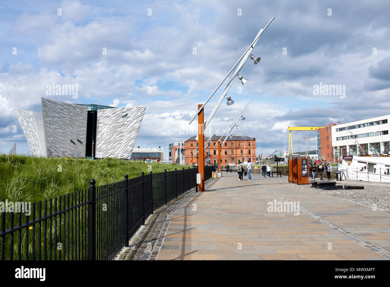 View of Titanic Quarter in Belfast, Northern Ireland including the Titanic Belfast museum, recently named the World's Leading Tourist Attraction Stock Photo
