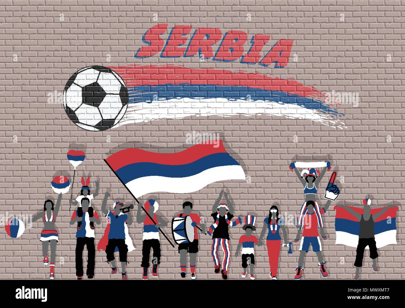 Serbian football fans cheering with Serbia flag colors in front of