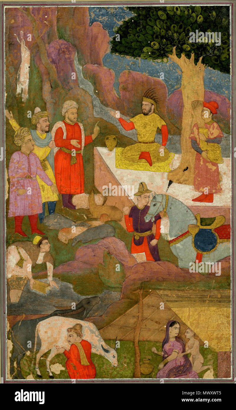 . English: Painting. Portrait. Court. Timurid ruler, ʿUmar Shaix, seated under a tree with attendants, after a Transoxanian original. On paper. 18thC(early). Mughal Style (?) 620 Umar Shaix Stock Photo