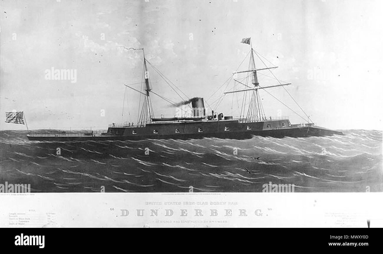 . English: The USS Dunderberg never entered service with the US Navy. It was returned to its builders and then sold to France in 1867 as the Rochambeau Polski: Amerykański okręt pancerny 'Dunderberg' (sprzedany do Francji w 1867, służył jako 'Rochambeau') . circa 1865. This file is lacking author information. 623 USS Dunderberg (1865) Stock Photo