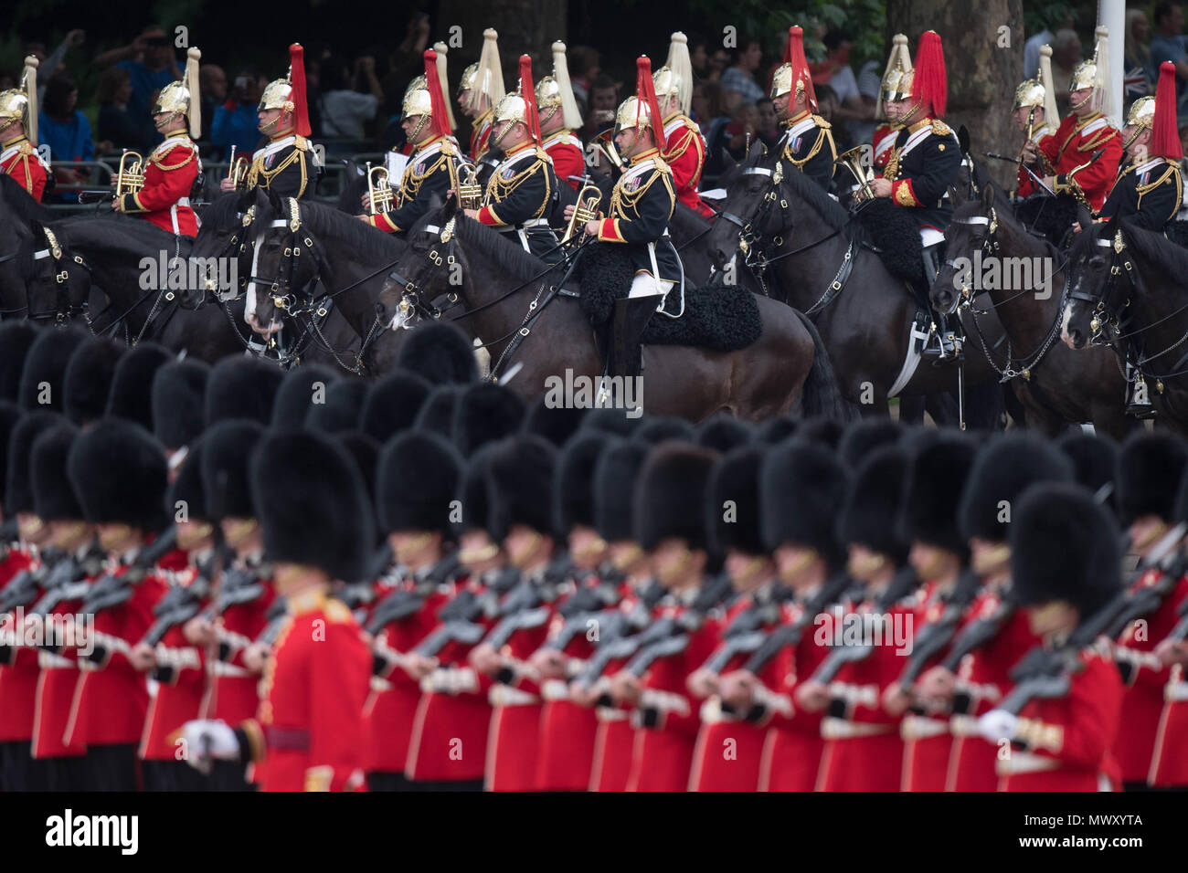 Soldier on horseback during the Colonel's Review, which is the final rehearsal for Trooping the Colour, the Queen's annual birthday parade, in Central London. Stock Photo