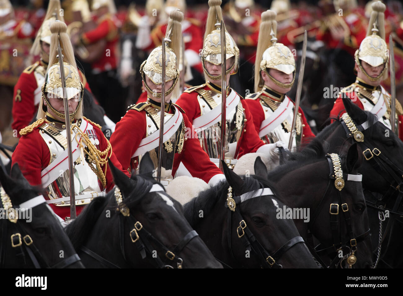 Soldiers on horseback during the Colonel's Review, which is the final rehearsal for Trooping the Colour, the Queen's annual birthday parade, in Central London. Stock Photo