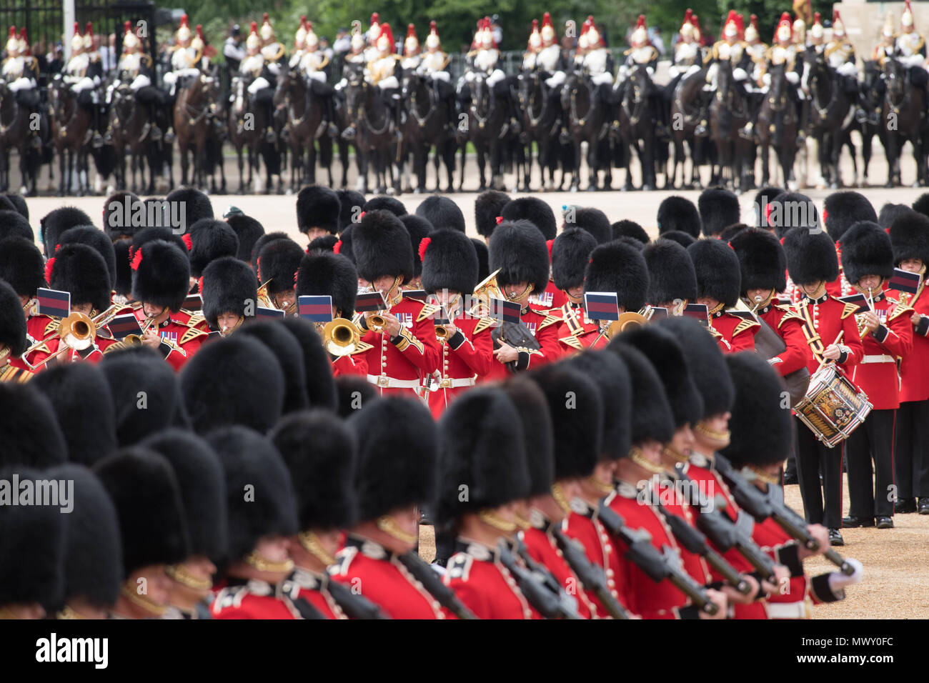 Soldiers perform during the Colonel's Review, which is the final rehearsal for Trooping the Colour, the Queen's annual birthday parade, in Central London. Stock Photo