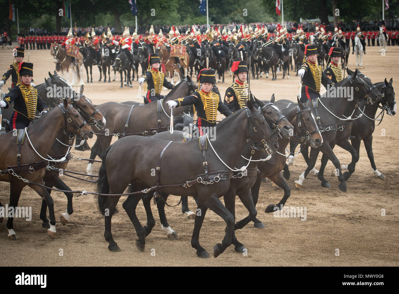 Soldiers on horseback during the Colonel's Review, which is the final rehearsal for Trooping the Colour, the Queen's annual birthday parade, in Central London. Stock Photo