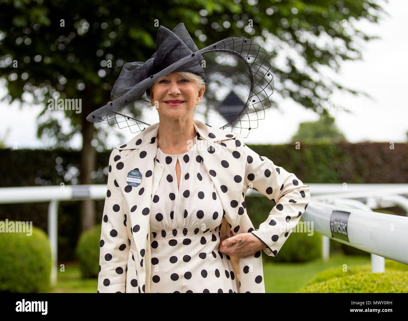 Dame Helen Mirren during derby day of the 2018 Investec Derby Festival at Epsom Downs Racecourse. Stock Photo