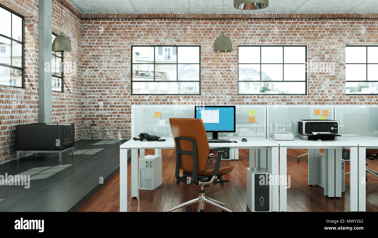 modern large office interior Desing 3d Rendering Stock Photo