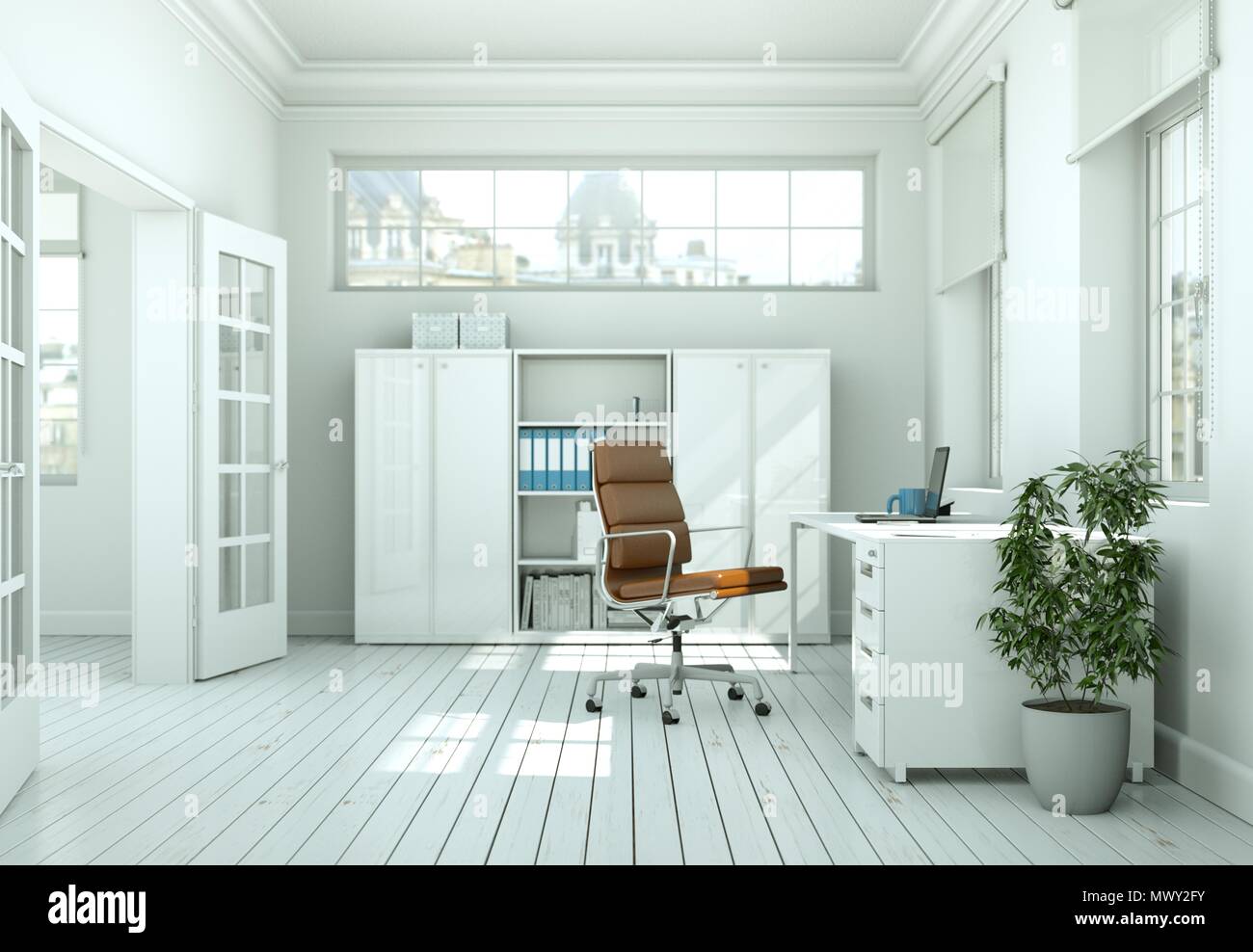 Modern white home office interior design 3d Rendering Stock Photo - Alamy