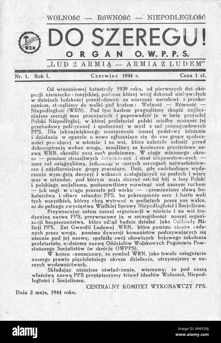 . Polski: Pismo 'Do Szeregu' OW PPS 1944 . 1944. zdjęcie zrobiłem osobiście 169 DOSZZEREGU Stock Photo