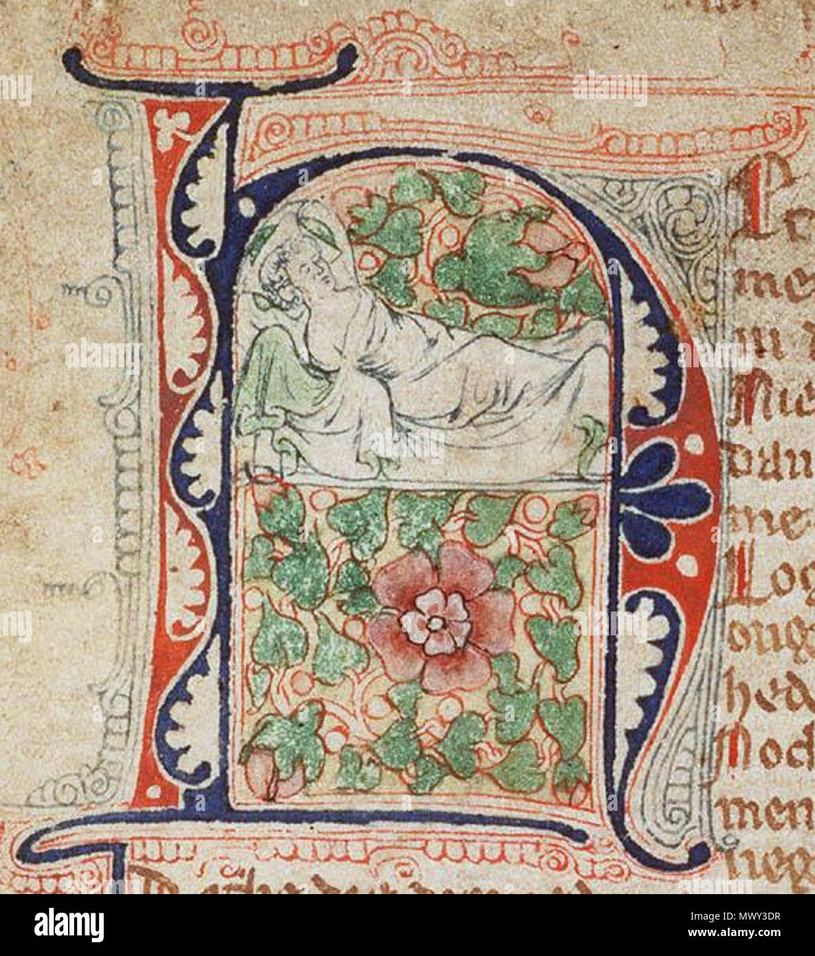 . English: Hein van Aken dreaming of a rose Contents: Heinrich von Aken, Die Rose. Roman van Cassamus. Die Frenesie Place of origin, date: Brabant; c. 1300-1350 Material: Vellum, ff. 77, 243x162 (200x120) mm, 53 lines, littera textualis, Binding: 18th-century brown leather; gilt Decoration: 1 historiated penwork initial (45x38 mm); penwork initials (61r, 77v) Provenance: Probably owned by the Cistercians of the Abby of St. Bernard opt Scheld near Antwerp (1762-1797). J.F. Willemsen (1825); sold by him to the Koninklijke Nederlandse Akademie van Wetenschappen (Royal Dutch Academy of Sciences),  Stock Photo