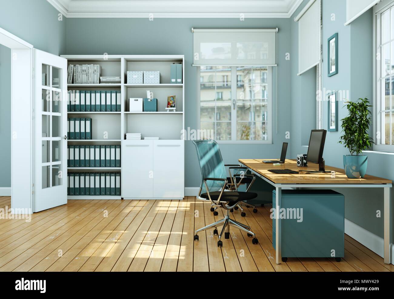 Modern white home office interior design 3d Rendering Stock Photo Alamy